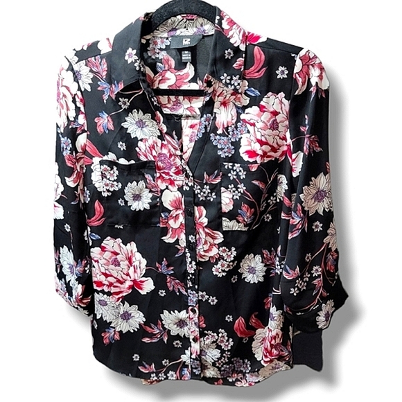 IZ Byer EUC Black Floral Print Roll Tab Sleeve Button Up Blouse - Women's MEDIUM - Picture 2 of 6